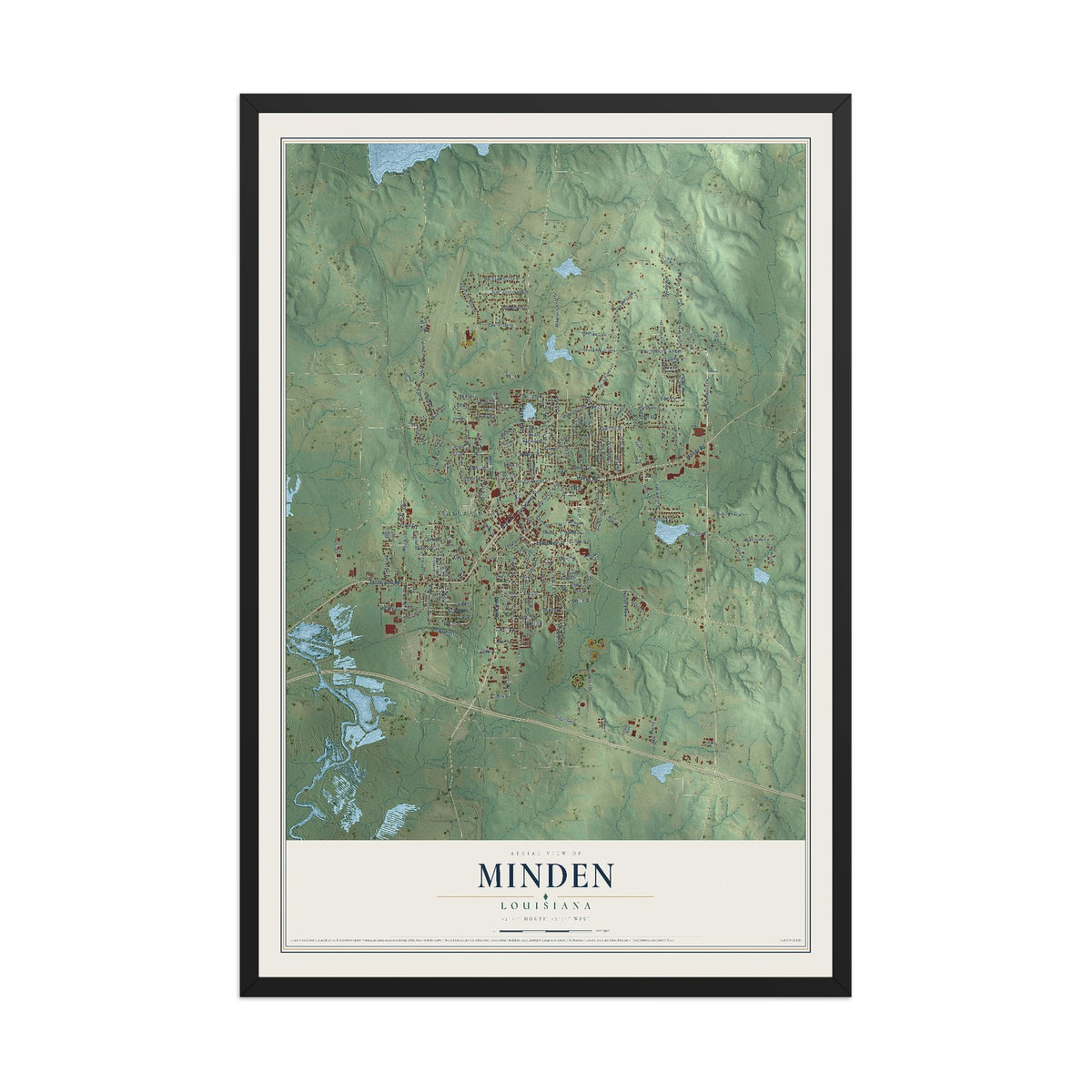 Map of Minden, Louisiana, 12 x 18 inch print in a black wood frame