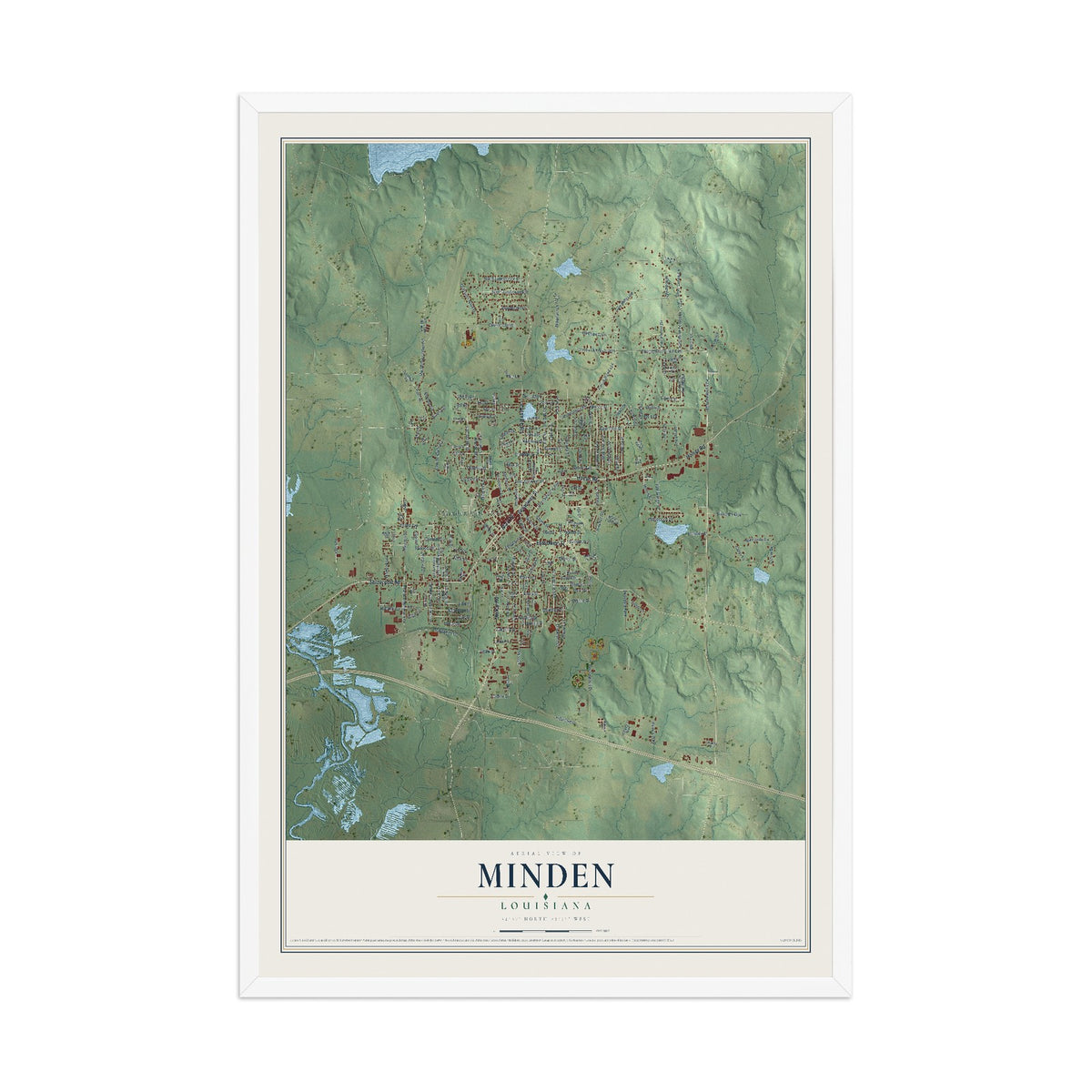 Map of Minden, Louisiana, 12 x 18 inch print in a white wood frame