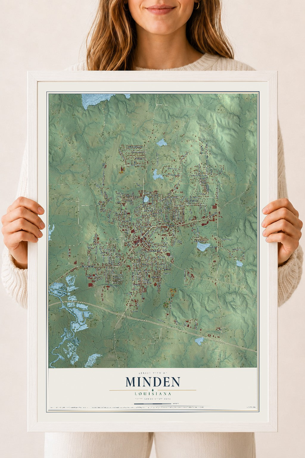 Map of Minden, Louisiana, 18 x 24 inch print in a white wood frame