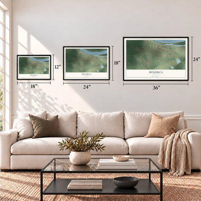 Minorca, Louisiana map in 12 x 18, 18 x 24 and 24 x 36 inch sizes above a sofa