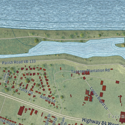 Close-up of the map of Minorca, Louisiana print showing street and building detail