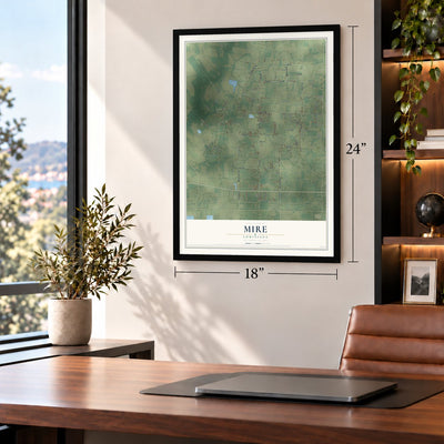 Mire, Louisiana map, 18 x 24 inch print in a black frame in a home office
