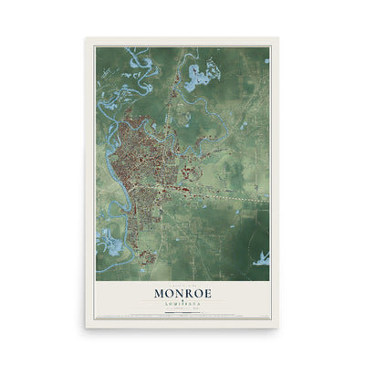 Map of Monroe, Louisiana, 12 x 18 inch unframed archival matte print