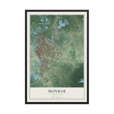 Map of Monroe, Louisiana, 12 x 18 inch print in a black wood frame