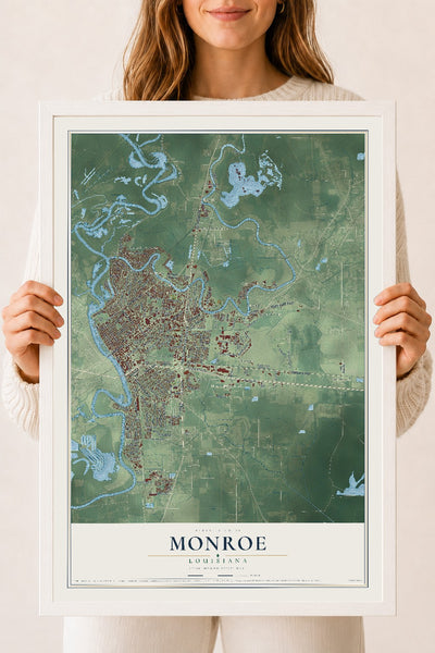 Map of Monroe, Louisiana, 18 x 24 inch print in a white wood frame