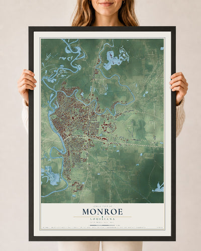 Map of Monroe, Louisiana, 24 x 36 inch print in a black wood frame