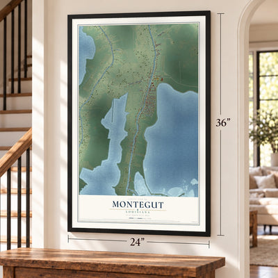 Montegut, Louisiana map, 24 x 36 inch print in a black frame by a staircase