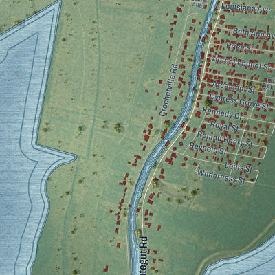 Close-up of the map of Montegut, Louisiana print showing street and building detail