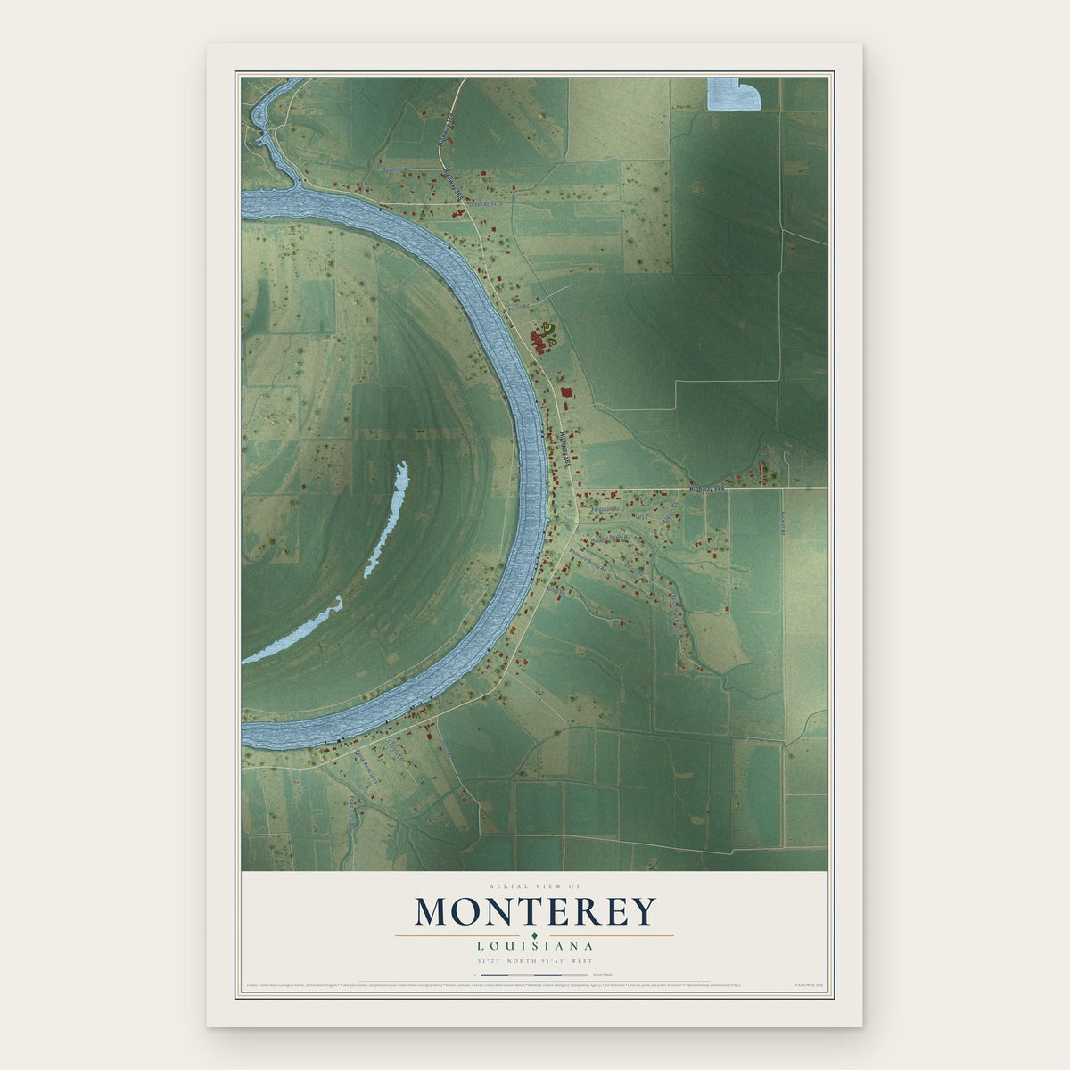 Monterey, Louisiana map print, the full design