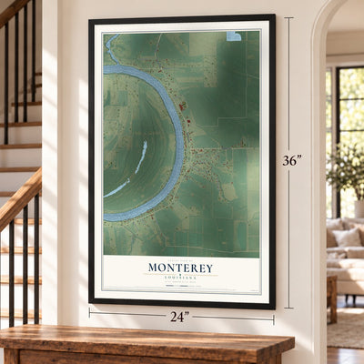 Monterey, Louisiana map, 24 x 36 inch print in a black frame by a staircase