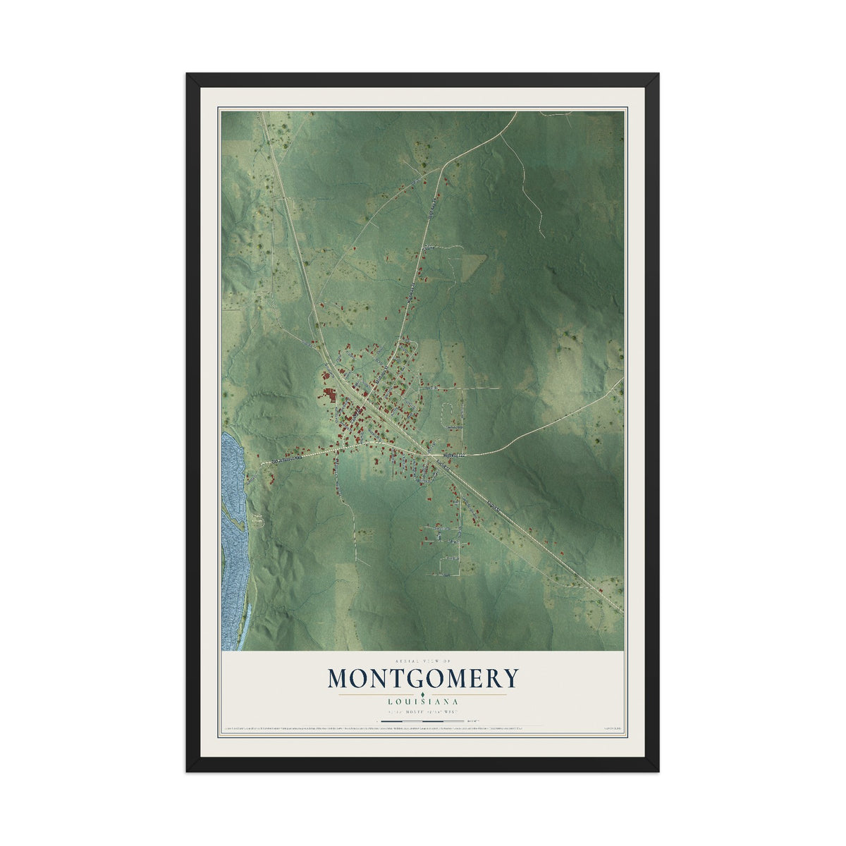 Map of Montgomery, Louisiana, 12 x 18 inch print in a black wood frame