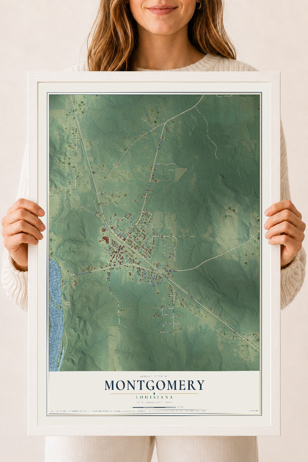 Map of Montgomery, Louisiana, 18 x 24 inch print in a white wood frame
