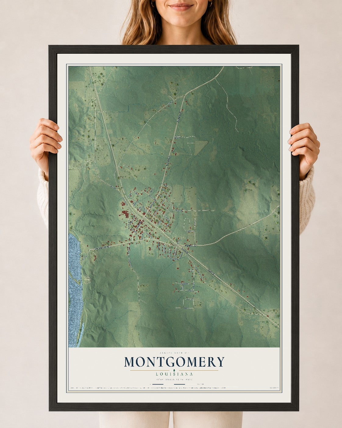 Map of Montgomery, Louisiana, 24 x 36 inch print in a black wood frame
