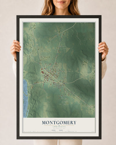 Map of Montgomery, Louisiana, 24 x 36 inch print in a black wood frame
