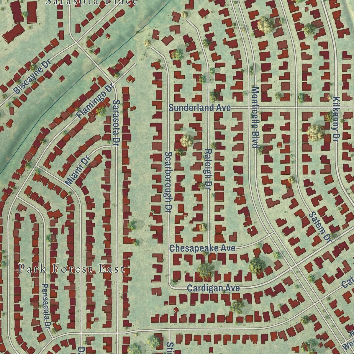 Close-up of the map of Monticello, Louisiana print showing street and building detail