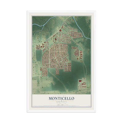 Map of Monticello, Louisiana, 12 x 18 inch print in a white wood frame