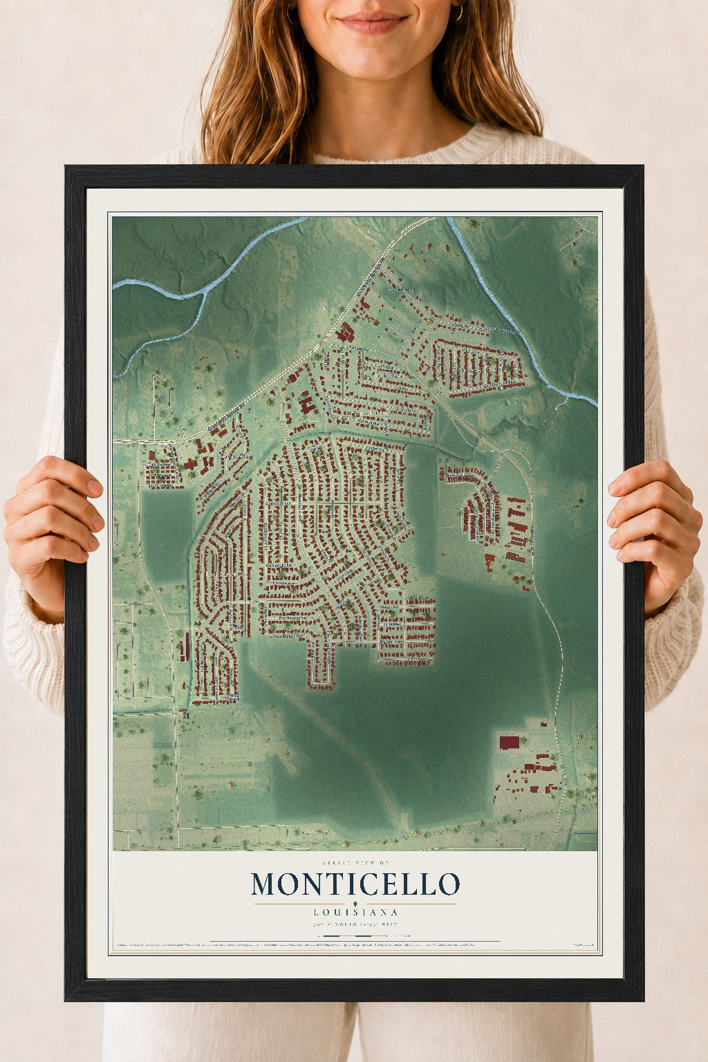 Map of Monticello, Louisiana, 18 x 24 inch print in a black wood frame