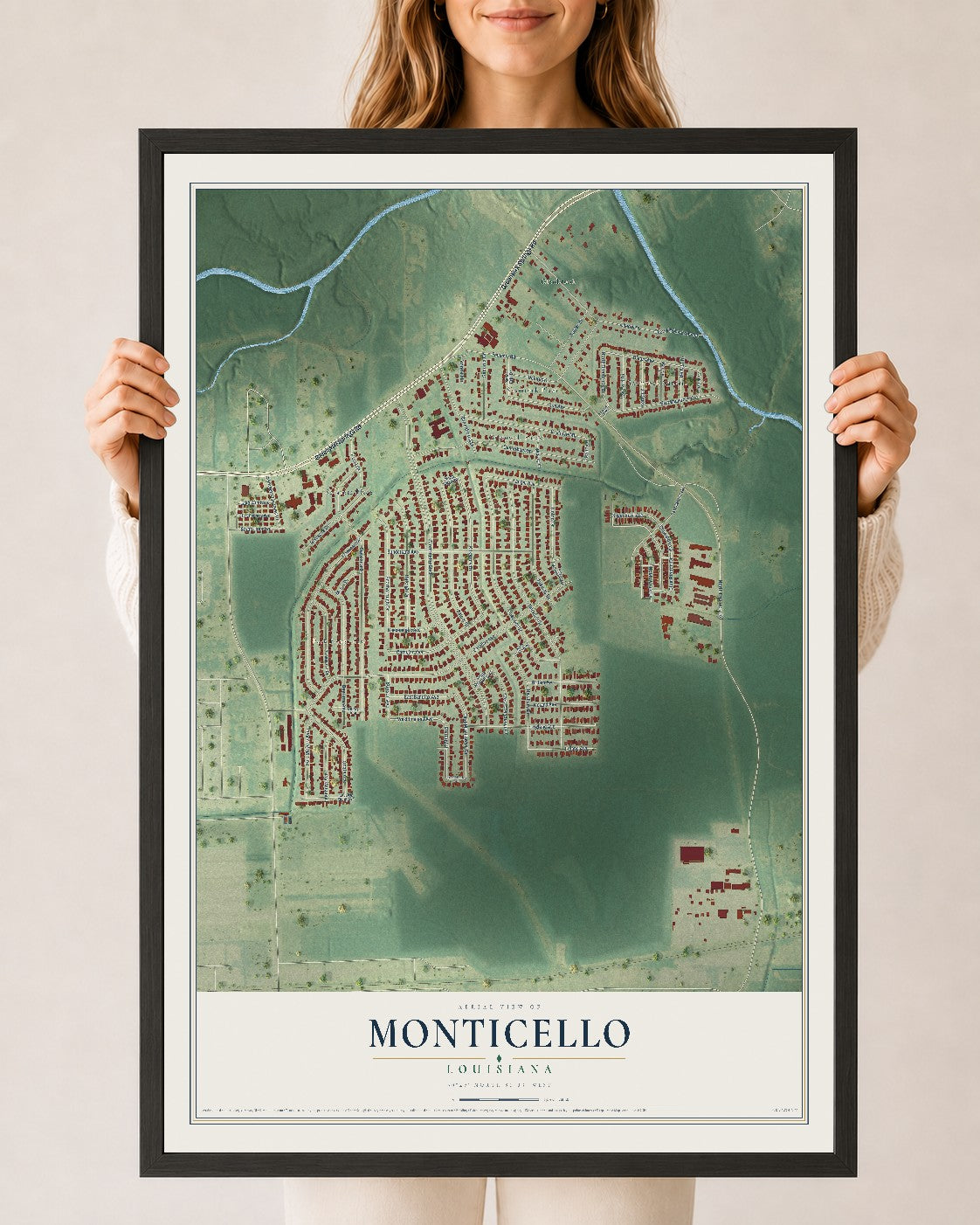 Map of Monticello, Louisiana, 24 x 36 inch print in a black wood frame