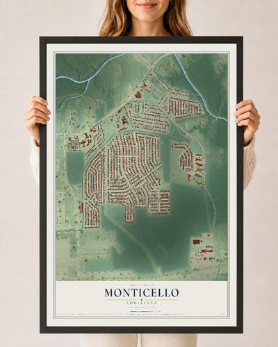 Map of Monticello, Louisiana, 24 x 36 inch print in a black wood frame