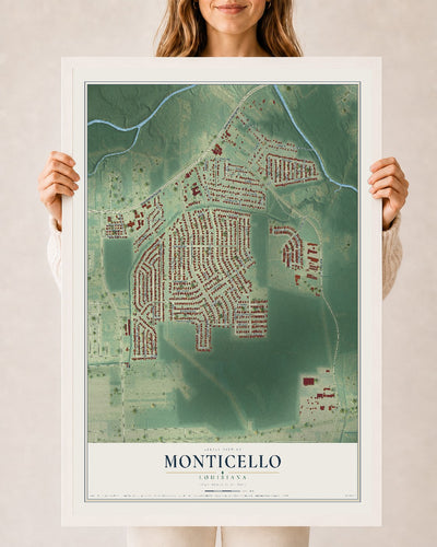 Map of Monticello, Louisiana, 24 x 36 inch print in a white wood frame
