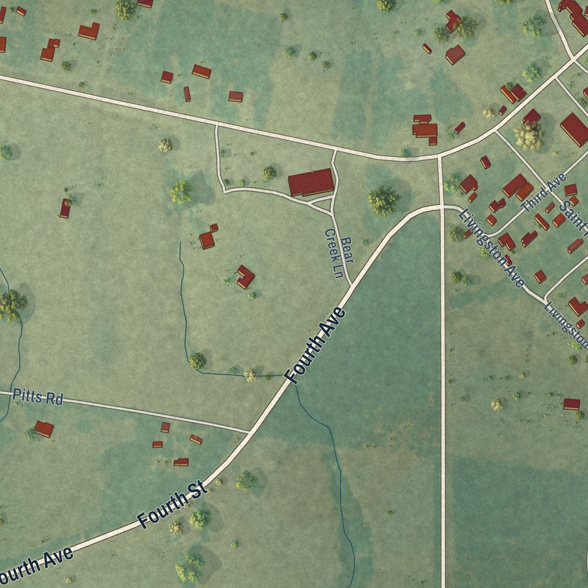 Close-up of the map of Montpelier, Louisiana print showing street and building detail