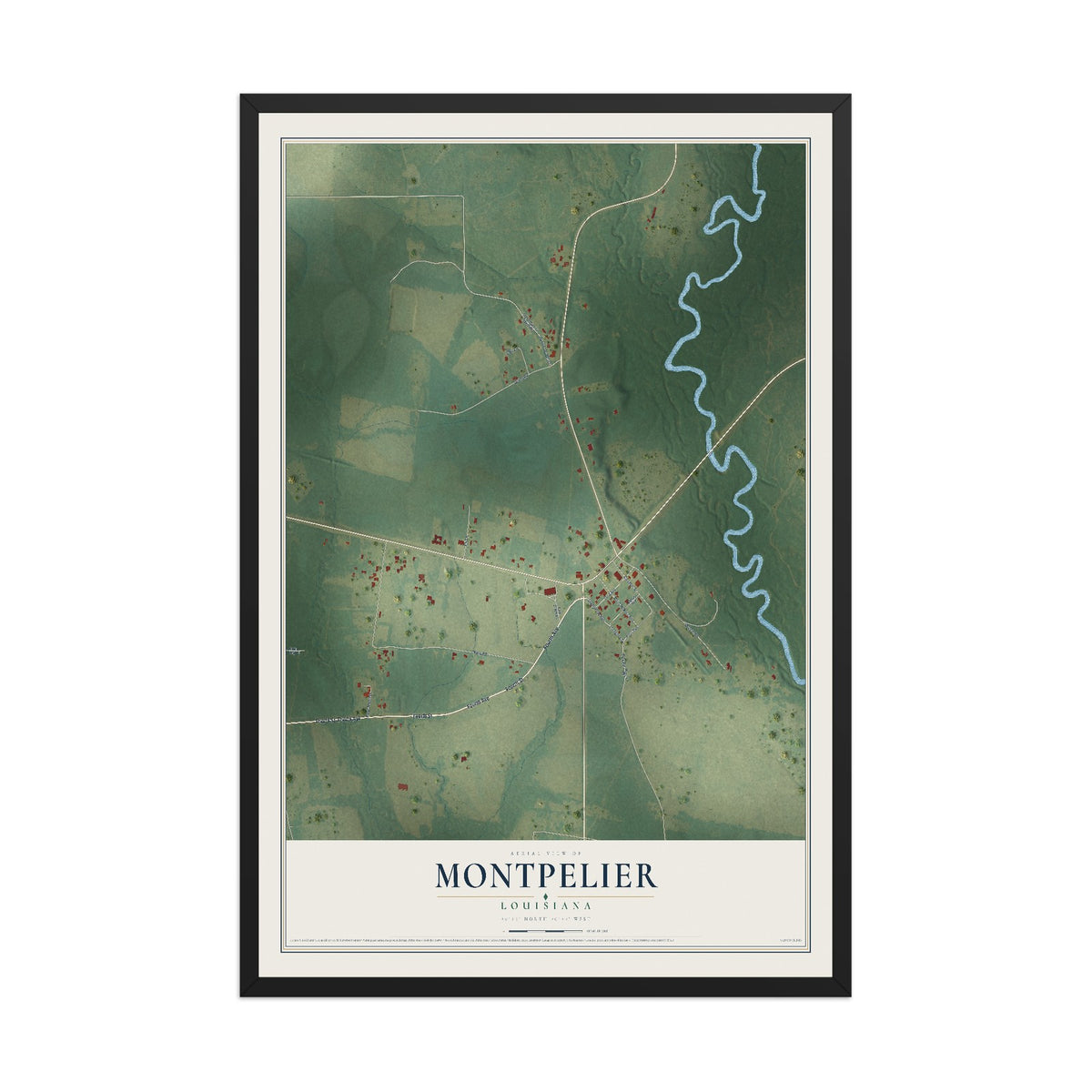 Map of Montpelier, Louisiana, 12 x 18 inch print in a black wood frame
