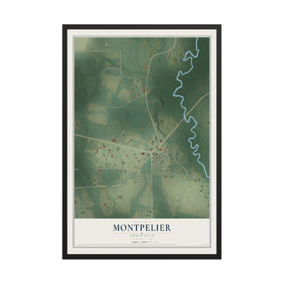 Map of Montpelier, Louisiana, 12 x 18 inch print in a black wood frame