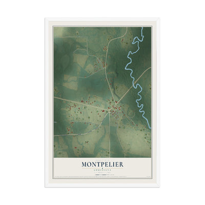 Map of Montpelier, Louisiana, 12 x 18 inch print in a white wood frame