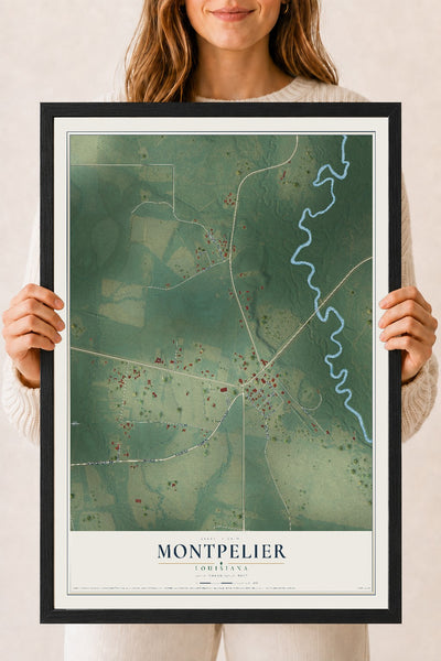 Map of Montpelier, Louisiana, 18 x 24 inch print in a black wood frame
