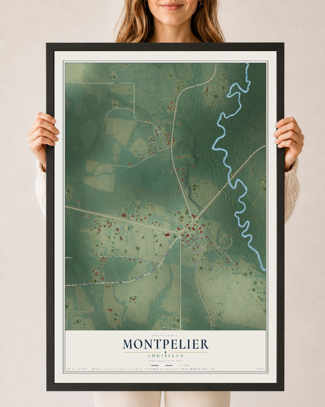 Map of Montpelier, Louisiana, 24 x 36 inch print in a black wood frame