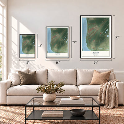 Montz, Louisiana map in 12 x 18, 18 x 24 and 24 x 36 inch sizes above a sofa