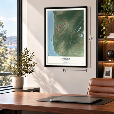 Montz, Louisiana map, 18 x 24 inch print in a black frame in a home office