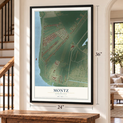 Montz, Louisiana map, 24 x 36 inch print in a black frame by a staircase
