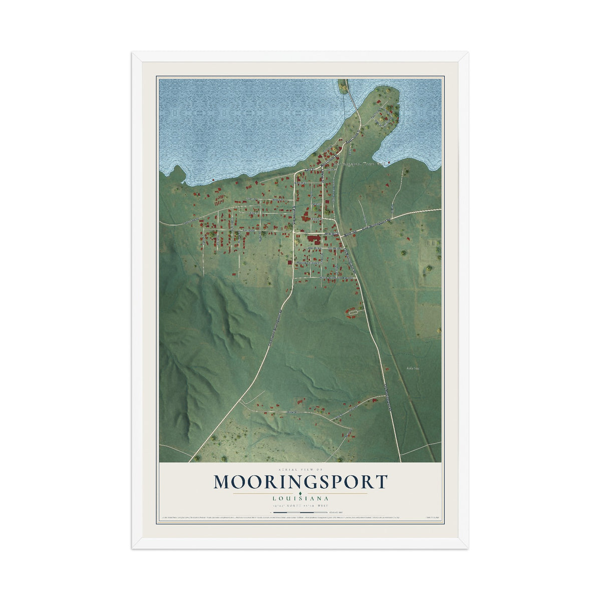 Map of Mooringsport, Louisiana, 12 x 18 inch print in a white wood frame