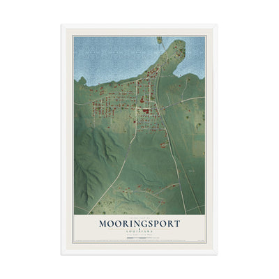 Map of Mooringsport, Louisiana, 12 x 18 inch print in a white wood frame