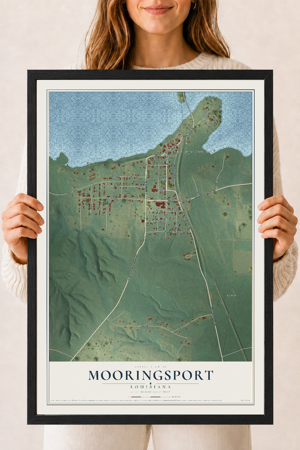 Map of Mooringsport, Louisiana, 18 x 24 inch print in a black wood frame