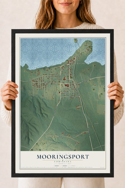 Map of Mooringsport, Louisiana, 18 x 24 inch print in a black wood frame