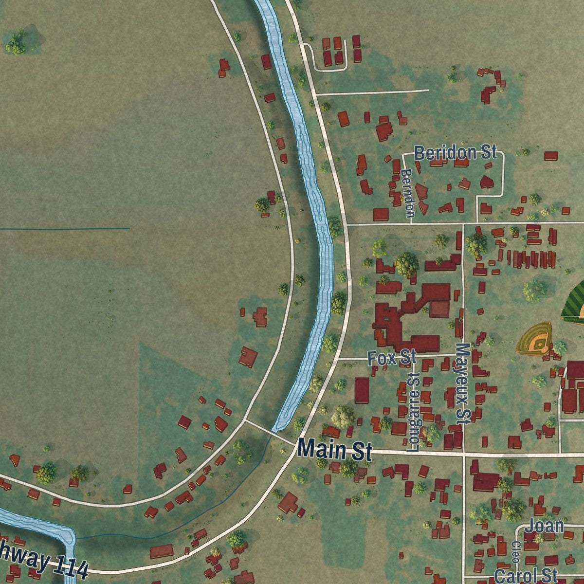 Close-up of the map of Moreauville, Louisiana print showing street and building detail