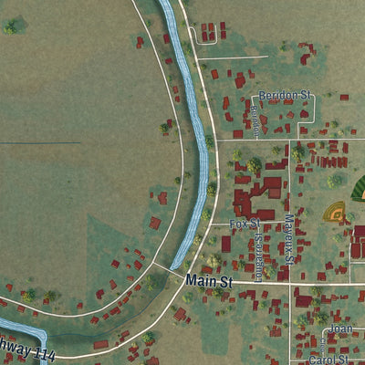 Close-up of the map of Moreauville, Louisiana print showing street and building detail