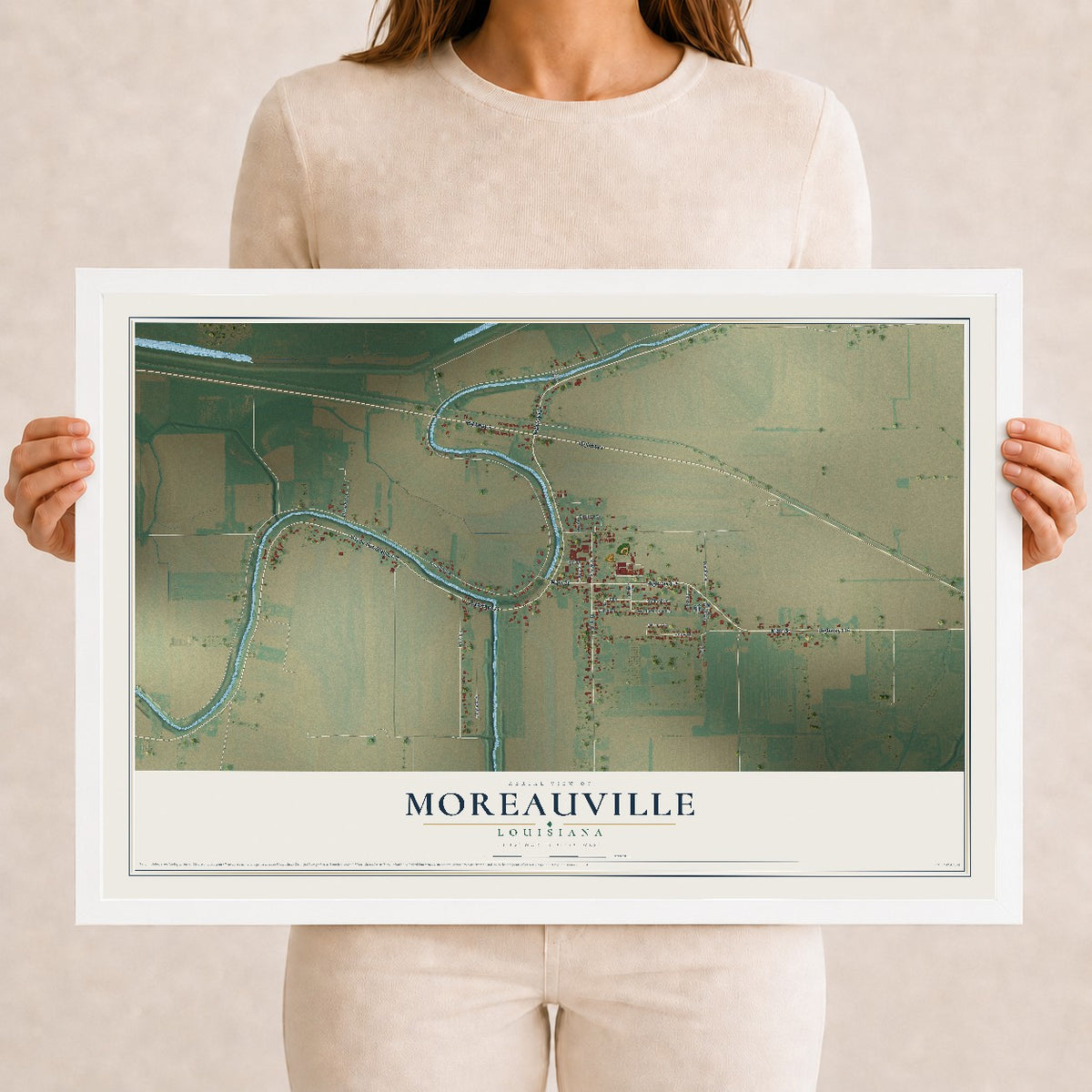 Map of Moreauville, Louisiana, 12 x 18 inch print in a white wood frame