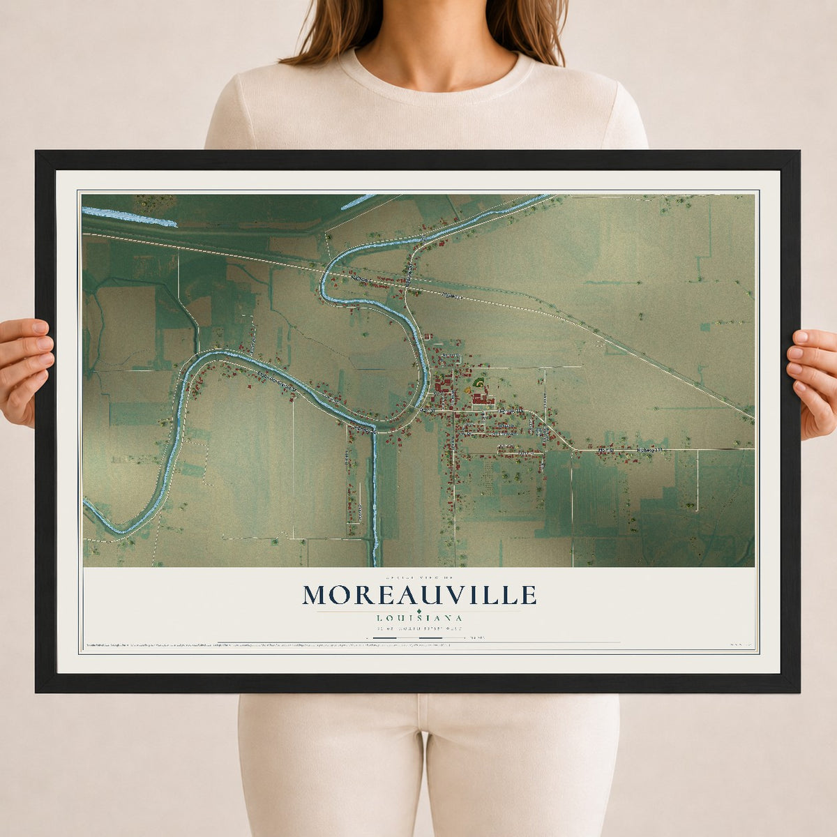 Map of Moreauville, Louisiana, 18 x 24 inch print in a black wood frame