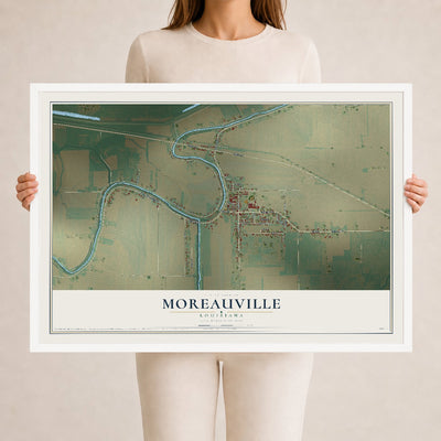 Map of Moreauville, Louisiana, 24 x 36 inch print in a white wood frame