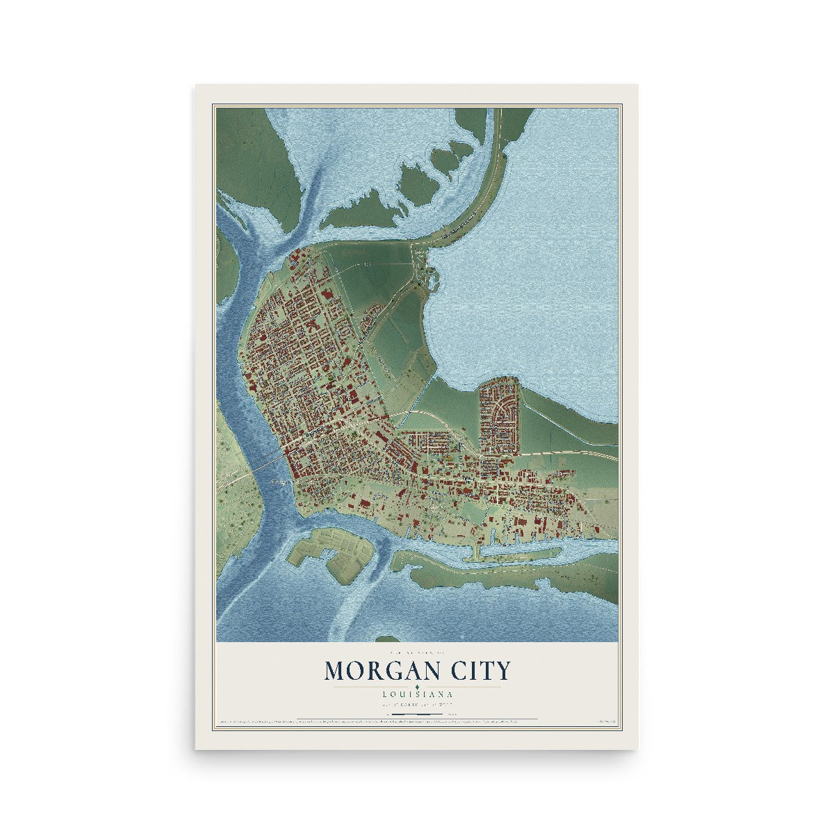 Map of Morgan City, Louisiana, 12 x 18 inch unframed archival matte print