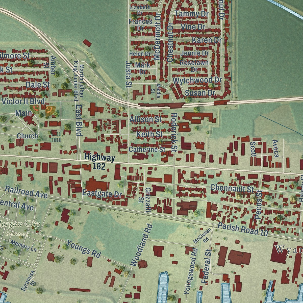 Second close-up of the map of Morgan City, Louisiana print showing more streets and buildings