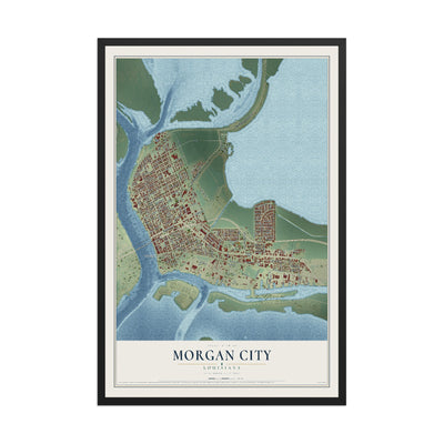 Map of Morgan City, Louisiana, 12 x 18 inch print in a black wood frame