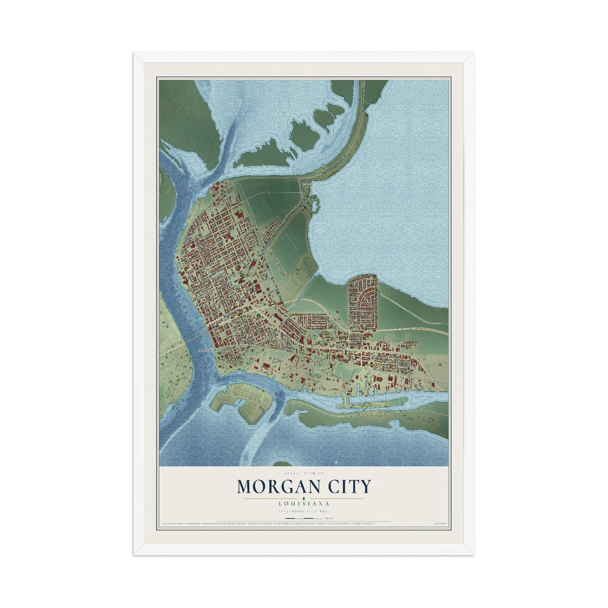 Map of Morgan City, Louisiana, 12 x 18 inch print in a white wood frame