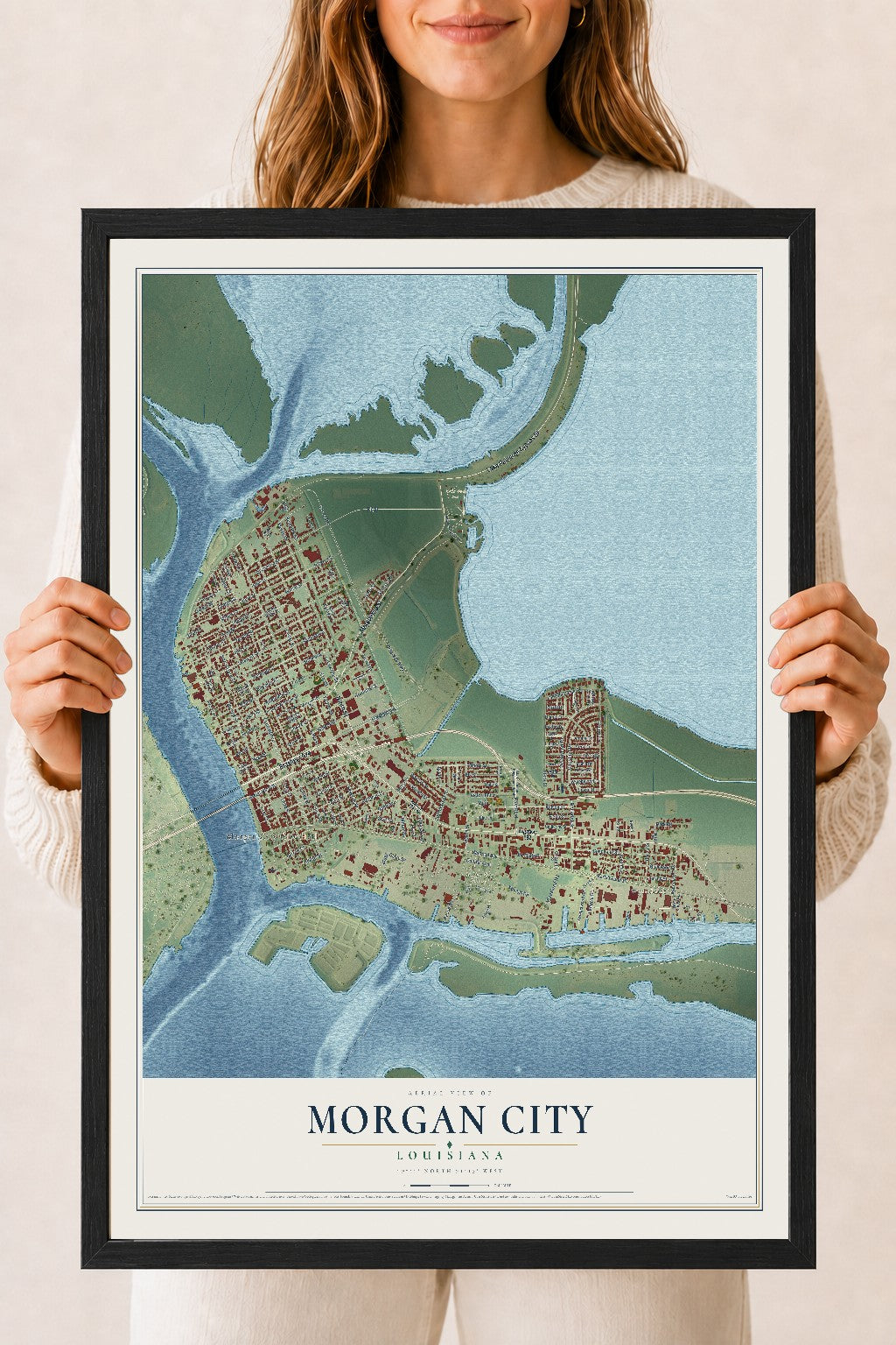 Map of Morgan City, Louisiana, 18 x 24 inch print in a black wood frame