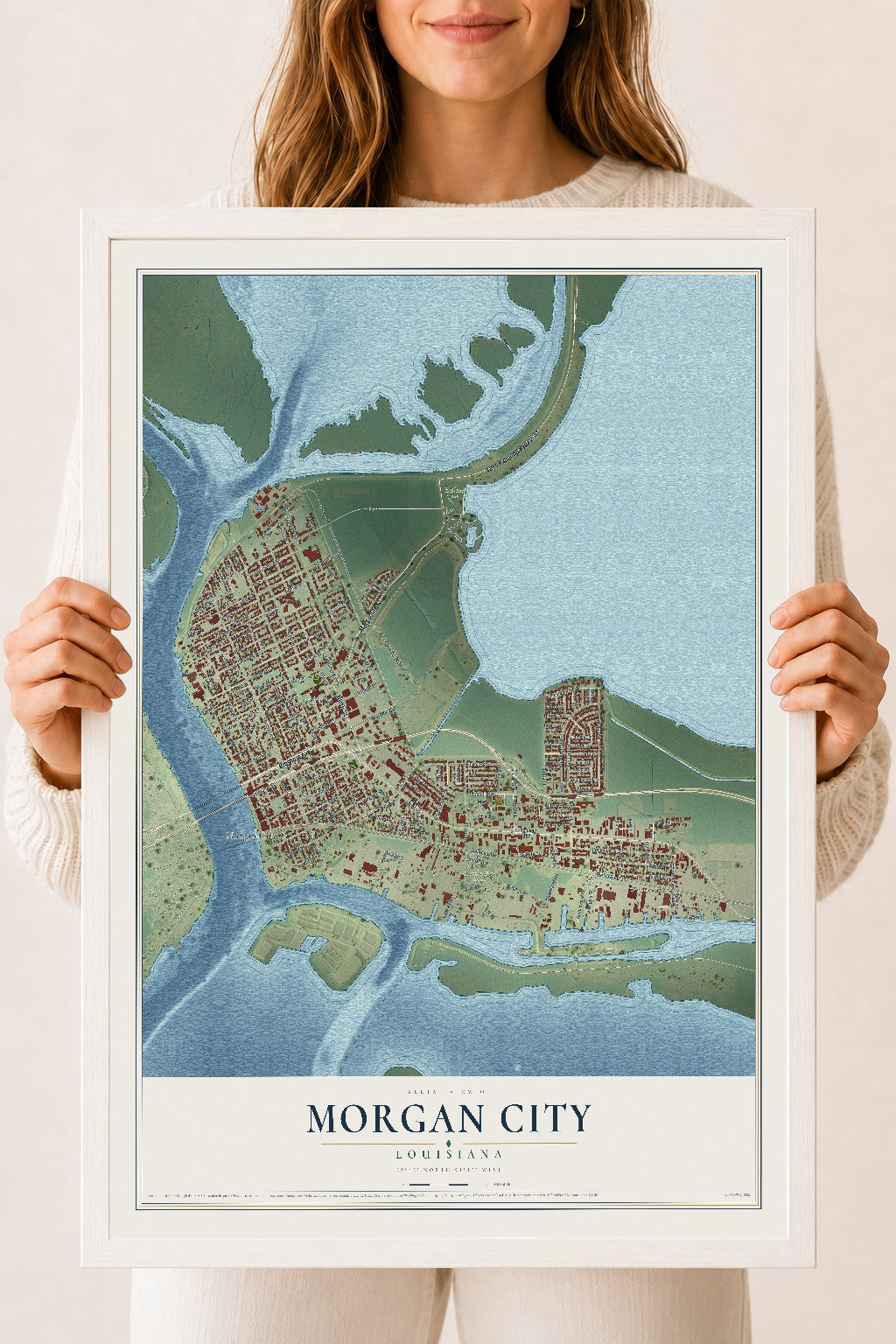 Map of Morgan City, Louisiana, 18 x 24 inch print in a white wood frame