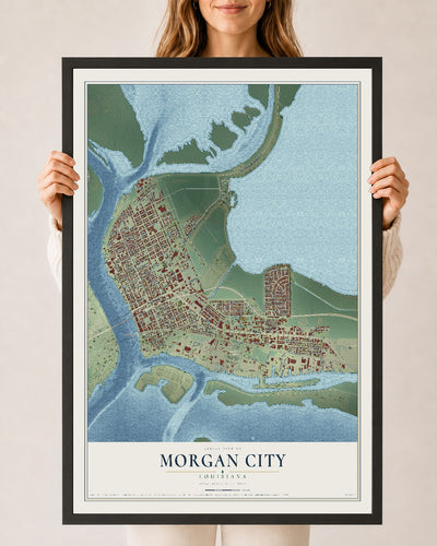 Map of Morgan City, Louisiana, 24 x 36 inch print in a black wood frame
