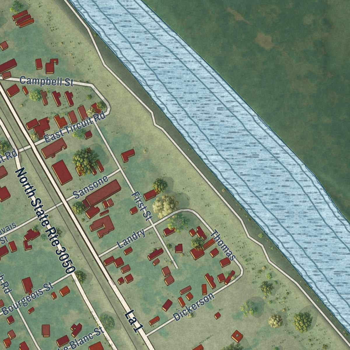 Close-up of the map of Morganza, Louisiana print showing street and building detail